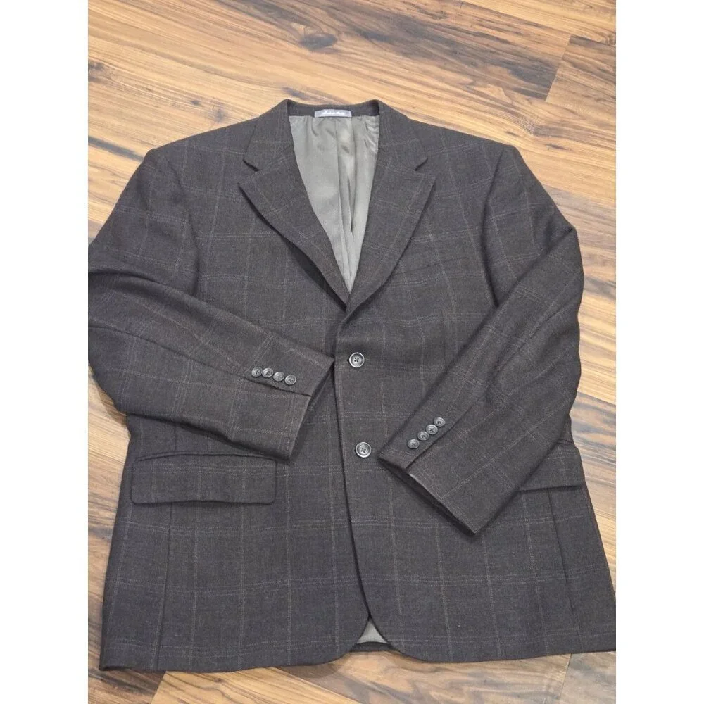 Oscar de la Renta 42S Wool Blazer Brown Windowpane Plaid 2 Button Lined